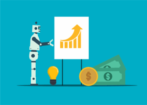 A robot standing next to a chart with a graph on it, with some money and a lightbulb under the chart.