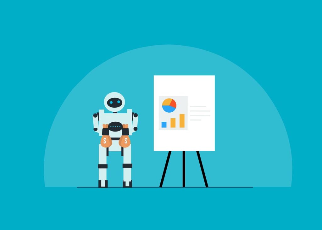 A robot holding money next to a chart
