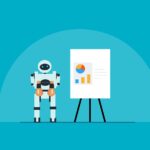 A robot holding money next to a chart