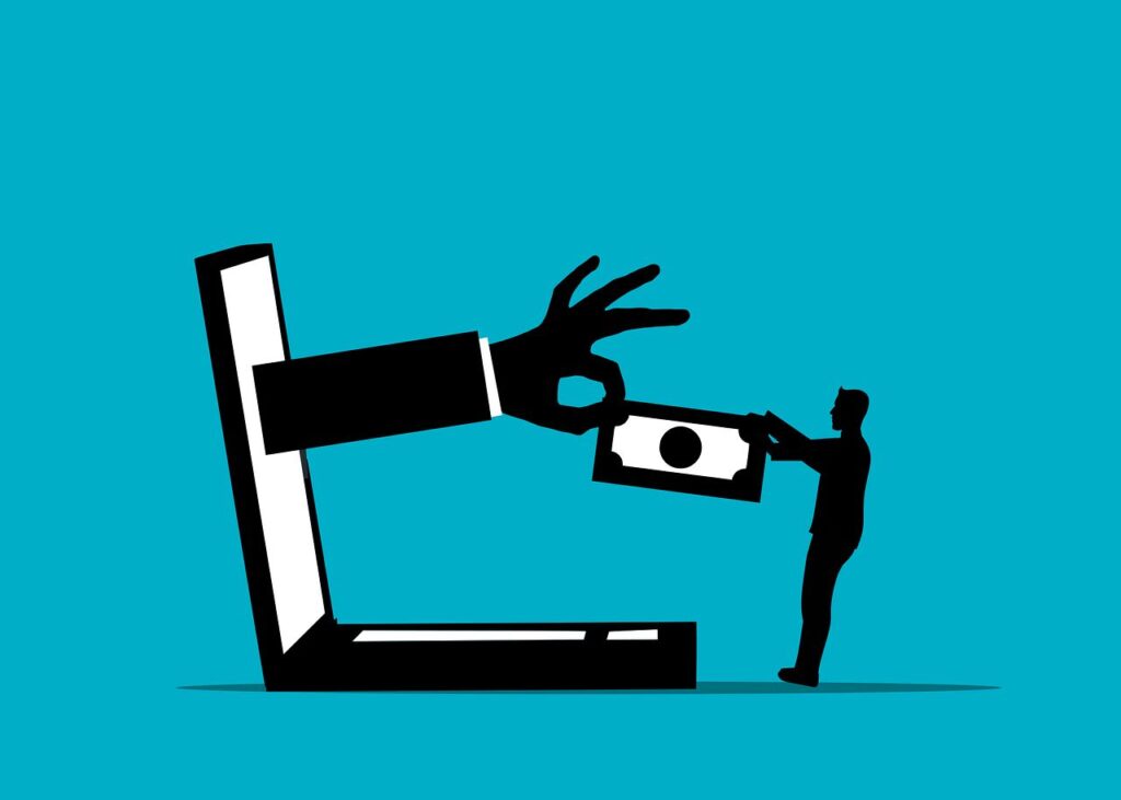 An image of a hand coming out of a computer, taking money from a person