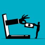 An image of a hand coming out of a computer, taking money from a person