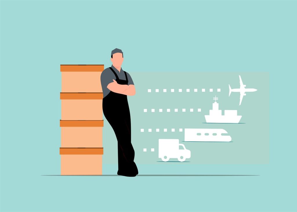 An image of a man leaning on some shipping boxes, with a truck, train, ship, and plane next to him