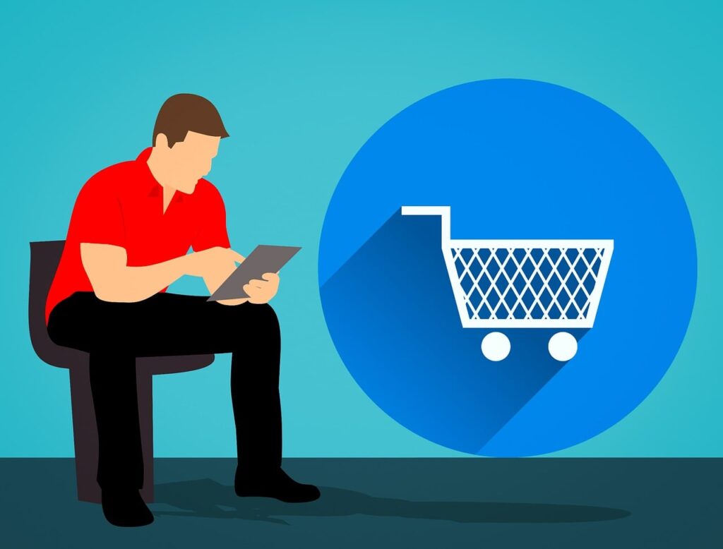 An image of a person sitting on a chair using a mobile device, next to a large circle with a shopping cart in it.
