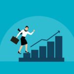 A bar graph with each bar growing compared to the last, with a person climbing up the graph like it’s a staircase