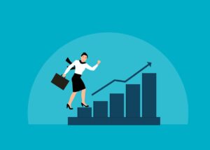 A bar graph with each bar growing compared to the last, with a person climbing up the graph like it’s a staircase