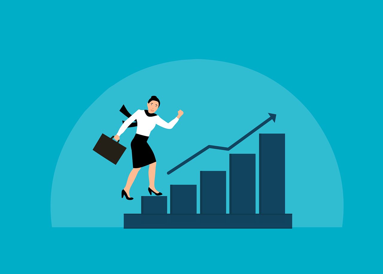 A bar graph with each bar growing compared to the last, with a person climbing up the graph like it’s a staircase