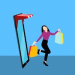 A tablet with a red and white storefront awning on it, and a woman happily skipping with shopping bags in her hands