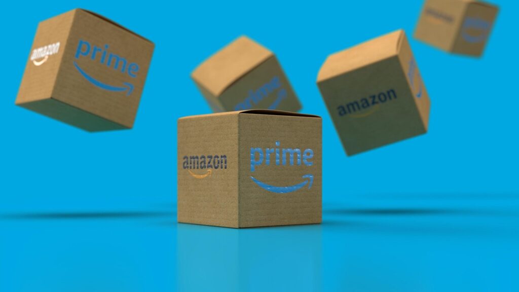 A few cardboard boxes that say Amazon and Prime on them