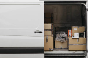 An image showing the back of an Amazon truck