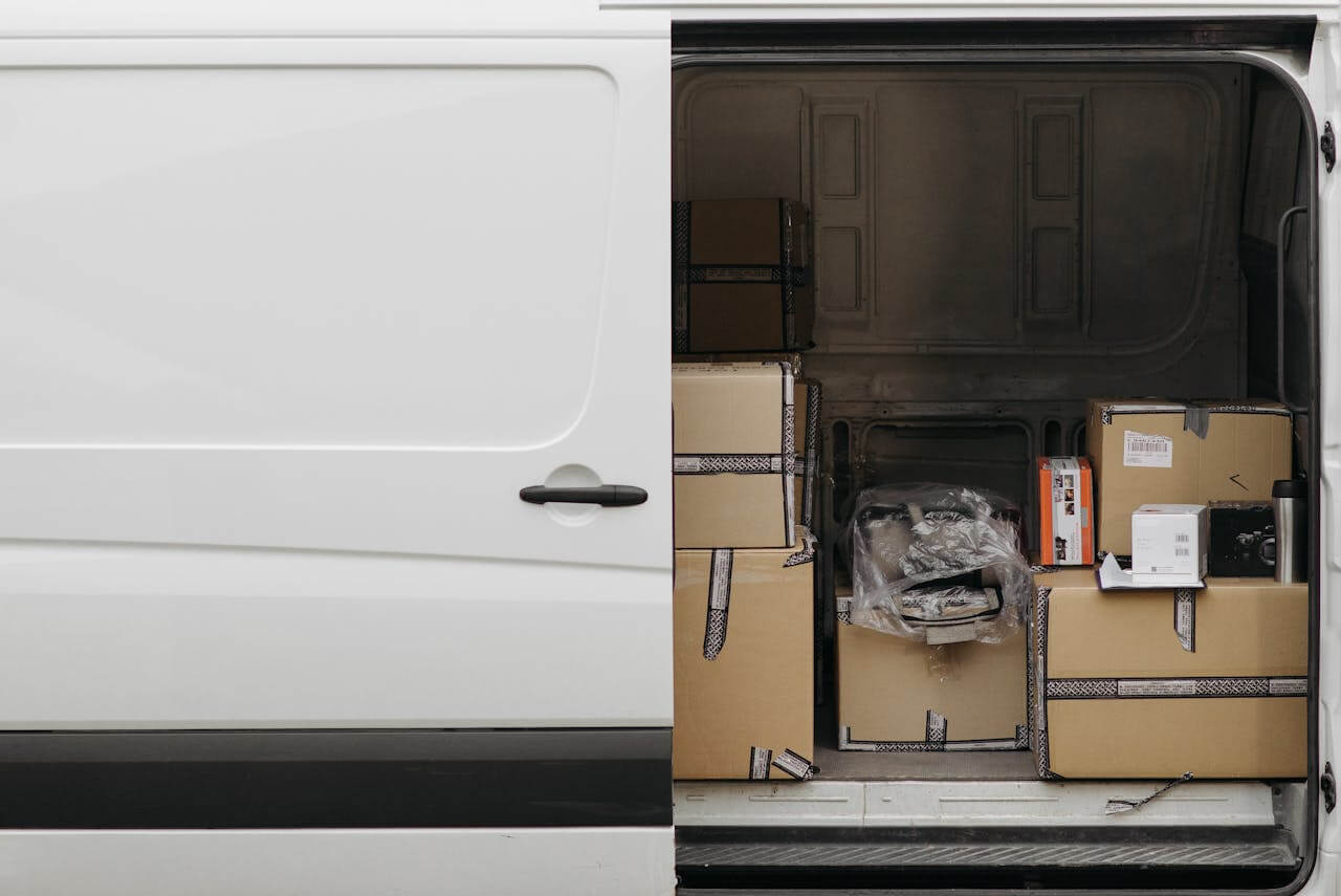 An image showing the back of an Amazon truck