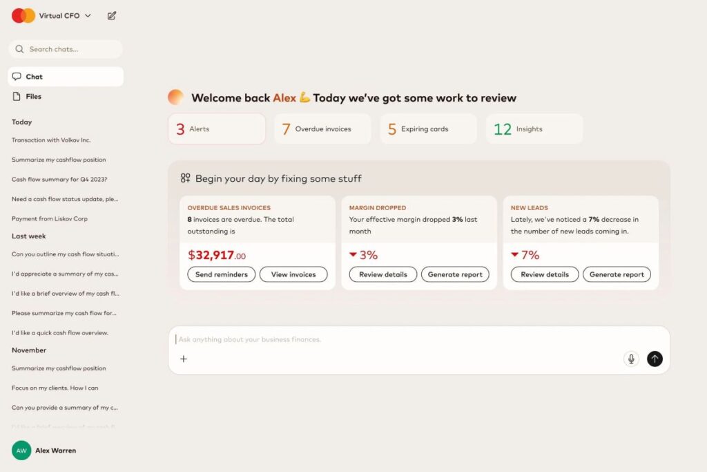 An image of the dashboard of the Mastercard virtual CFO in action