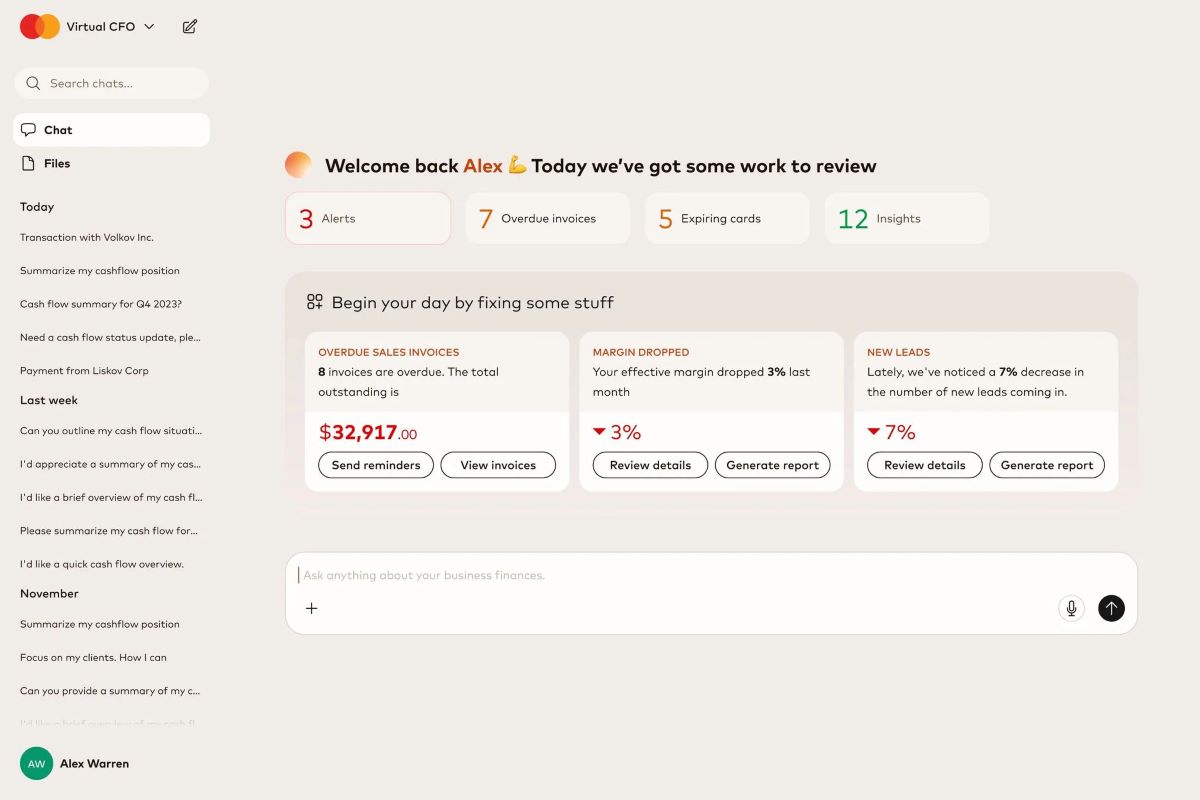 An image of the dashboard of the Mastercard virtual CFO in action