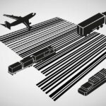 A plane, truck, train, and boat all driving beside or on top of a large barcode.