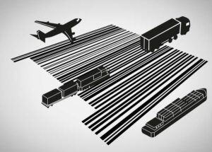 A plane, truck, train, and boat all driving beside or on top of a large barcode.