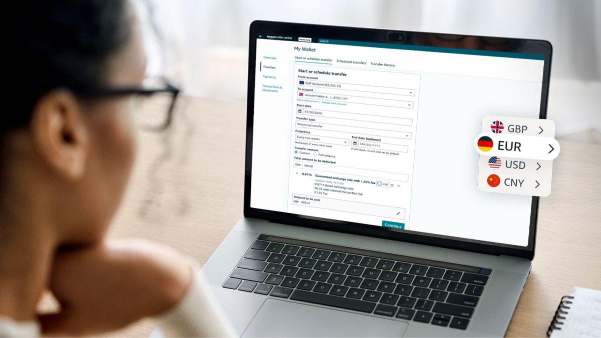 A person looking at their Amazon wallet on a computer screen, with a few types of currencies off to the side.