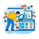 A person with a magnifying glass looking at online stores on device screens