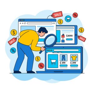 A person with a magnifying glass looking at online stores on device screens