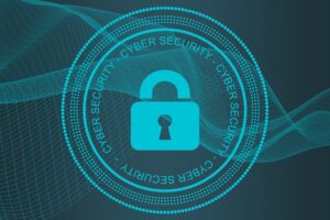 An image of a lock, with the words cyber security surrounding it multiple times.