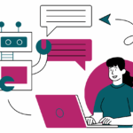An image of a person on a computer next to a robot, having a text conversation, with many chat bubbles around them.