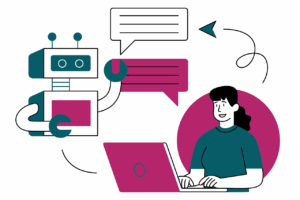 An image of a person on a computer next to a robot, having a text conversation, with many chat bubbles around them.