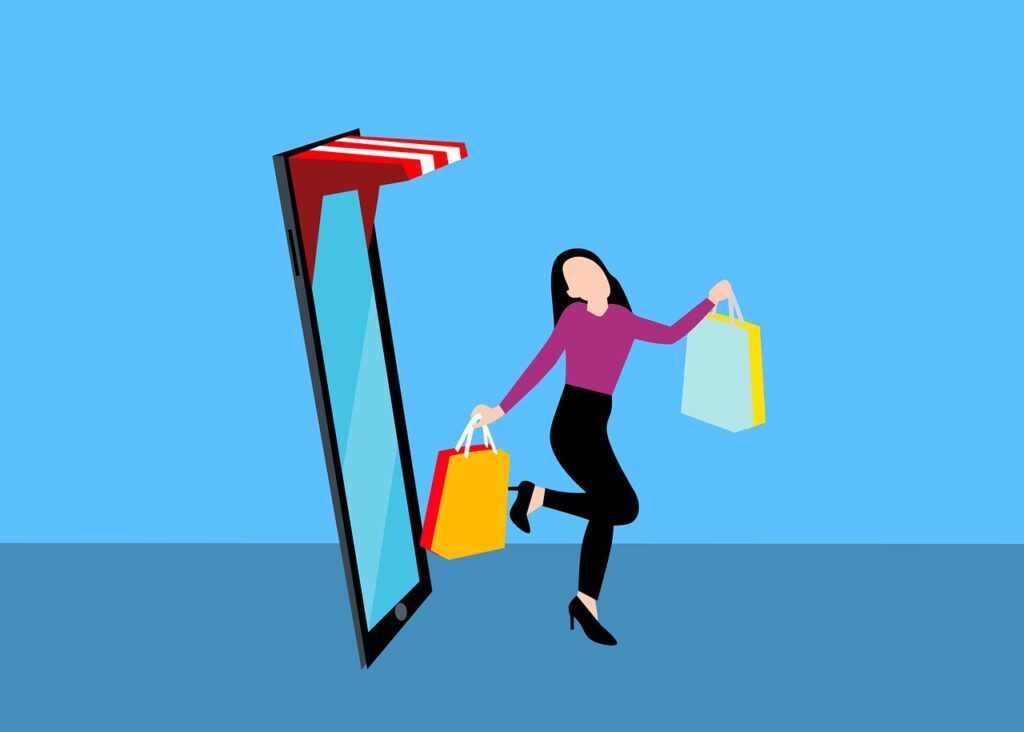 Woman with shopping bags in front of a large phone with a red and white awning